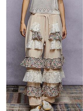 POL Tan & Floral Tiered Pants
